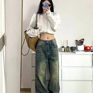 Y2K Washed Low-Rise Baggy Jeans for Grunge and Coquette Aesthetic