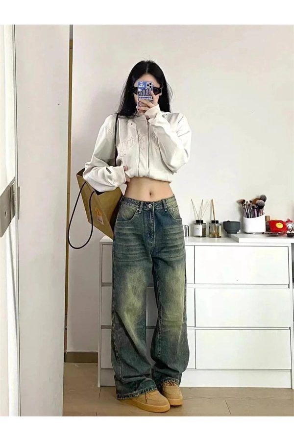 Y2K Washed Low-Rise Baggy Jeans for Grunge and Coquette Aesthetic