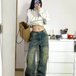 Y2K Washed Low-Rise Baggy Jeans for Grunge and Coquette Aesthetic