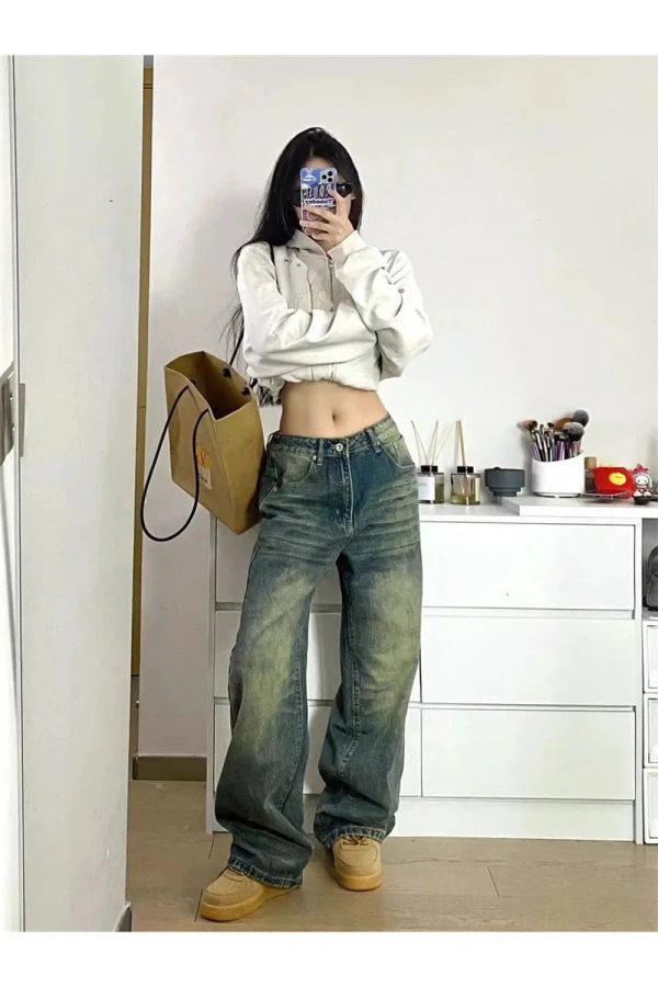 Y2K Washed Low-Rise Baggy Jeans for Grunge and Coquette Aesthetic