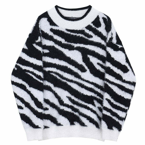 Zebra Print Knit Sweater - Y2K Aesthetic Cozy Top for Trendy Outfits