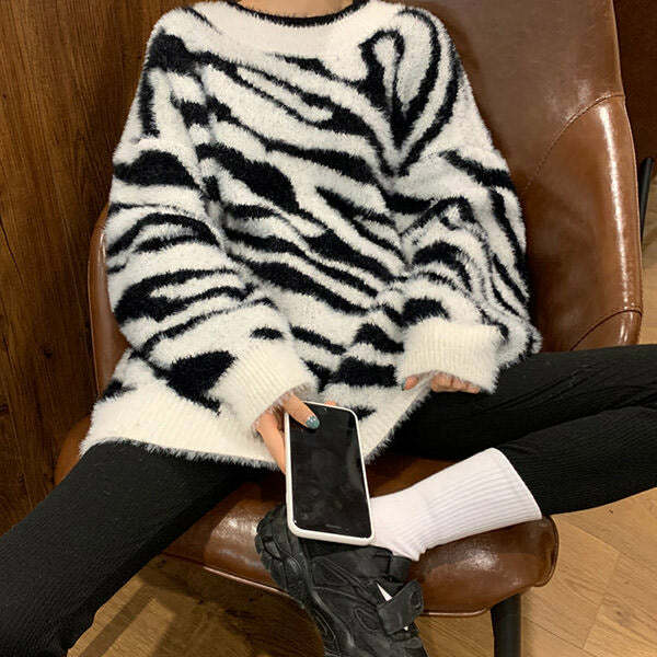 Zebra Print Knit Sweater - Y2K Aesthetic Cozy Top for Trendy Outfits